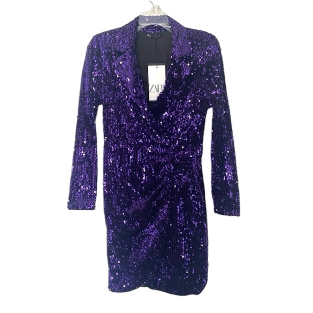 New ZARA Sequin Glitter Purple Ruched Blazer Mini Dress - Picture 4 of 7